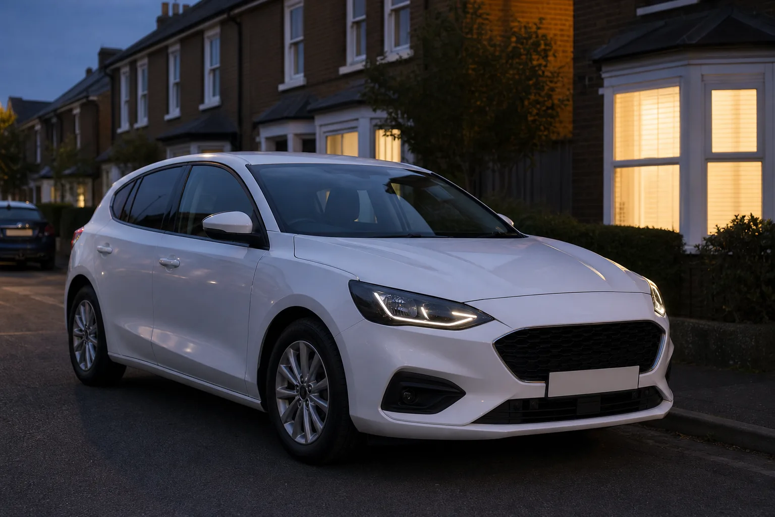 Training car at dusk on a residential street